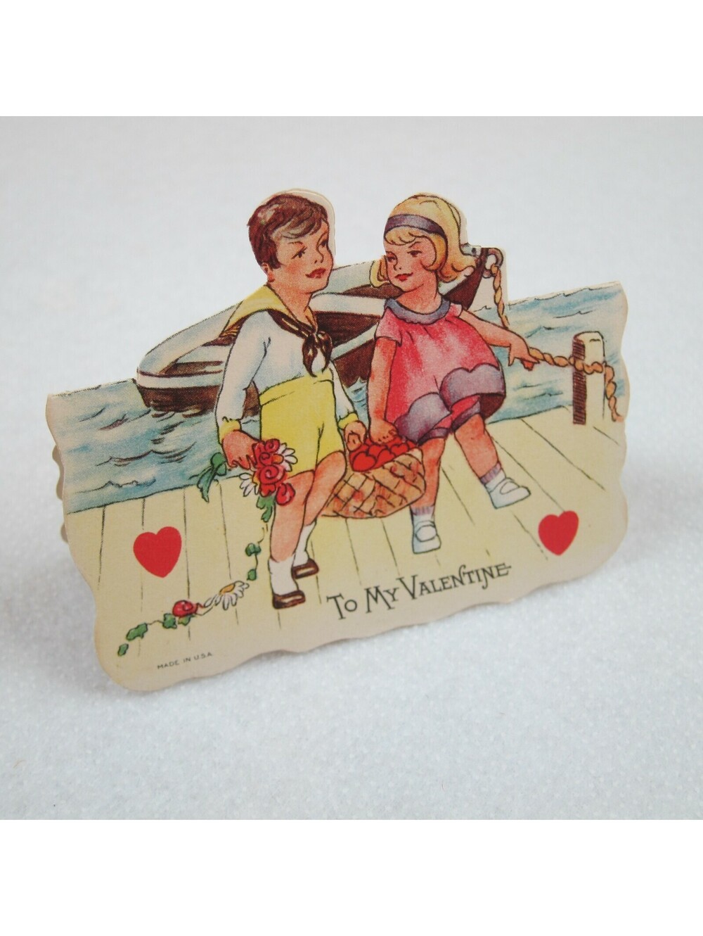 Vintage Valentine Card Cutout Stand Up Boy Sailor Suit Girl at Boat with Basket